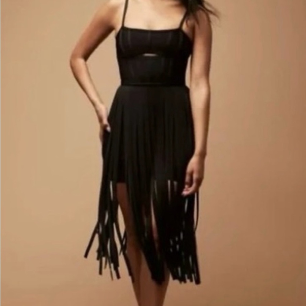 Black Fringe Midi Dress with Spaghetti Straps